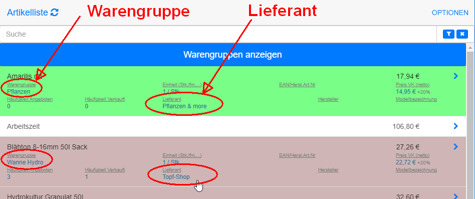 Artikel gepflegt mit Warengruppe und Lieferant Artikel gepflegt mit Warengruppe und Lieferant