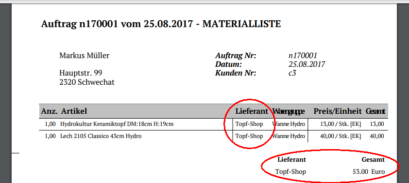 Materialliste Artikel eines Lieferanten Materialliste Artikel eines Lieferanten