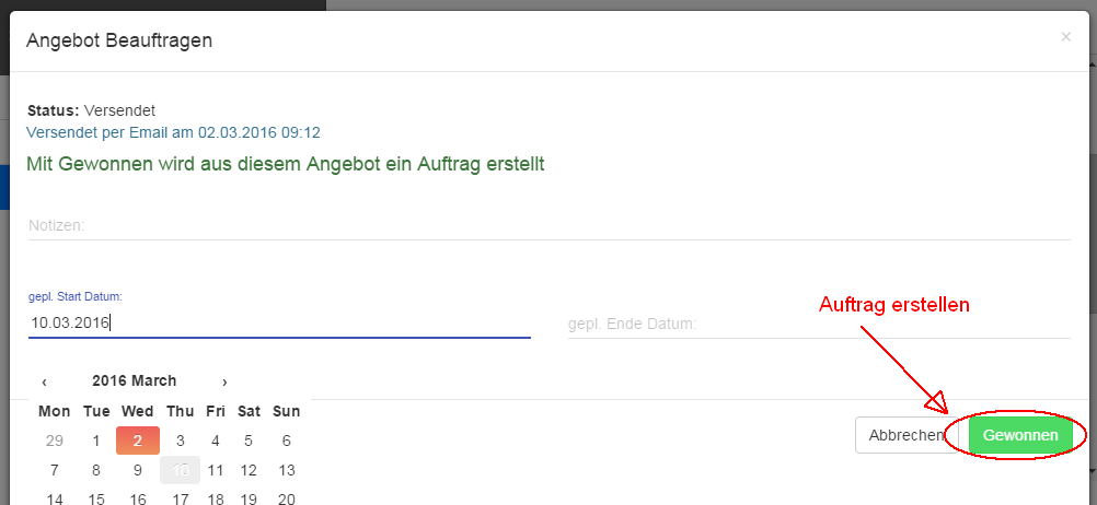 Neuen Auftrag aus Angebot erstellen Neuen Auftrag aus Angebot erstellen