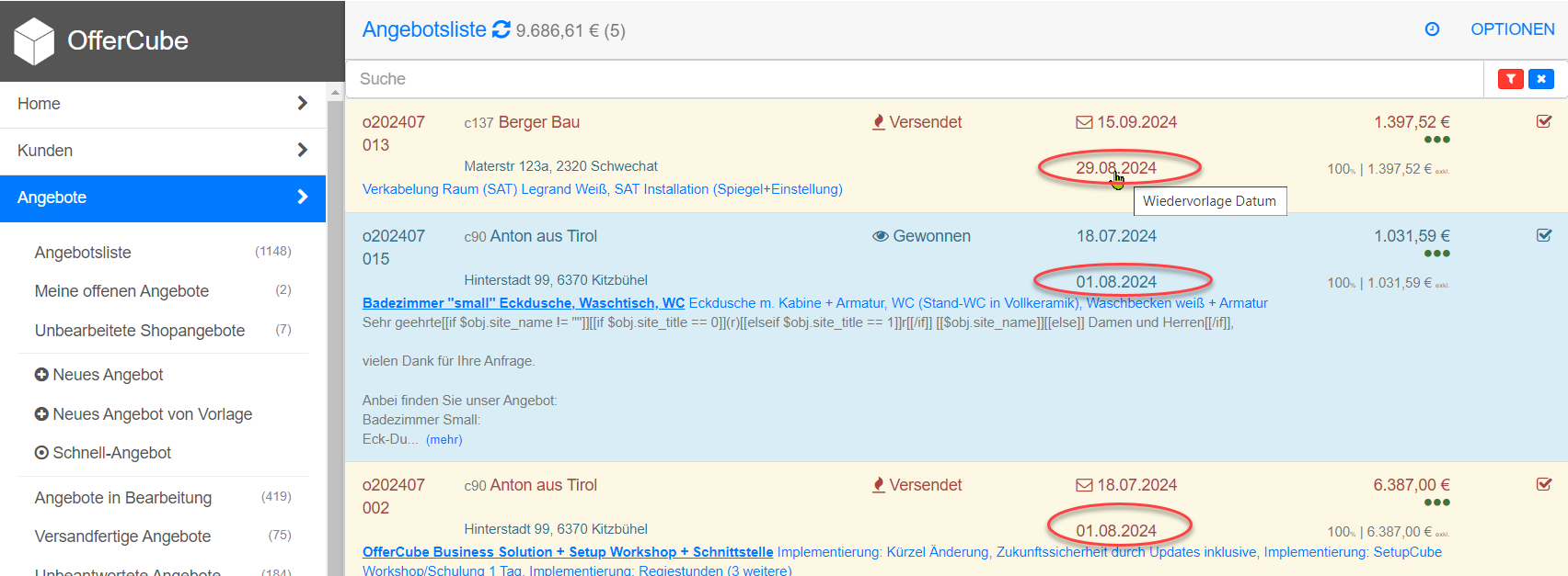 Angebot Liste aufgeklappt Datum / Erinnerung Angebot Liste aufgeklappt Datum / Erinnerung