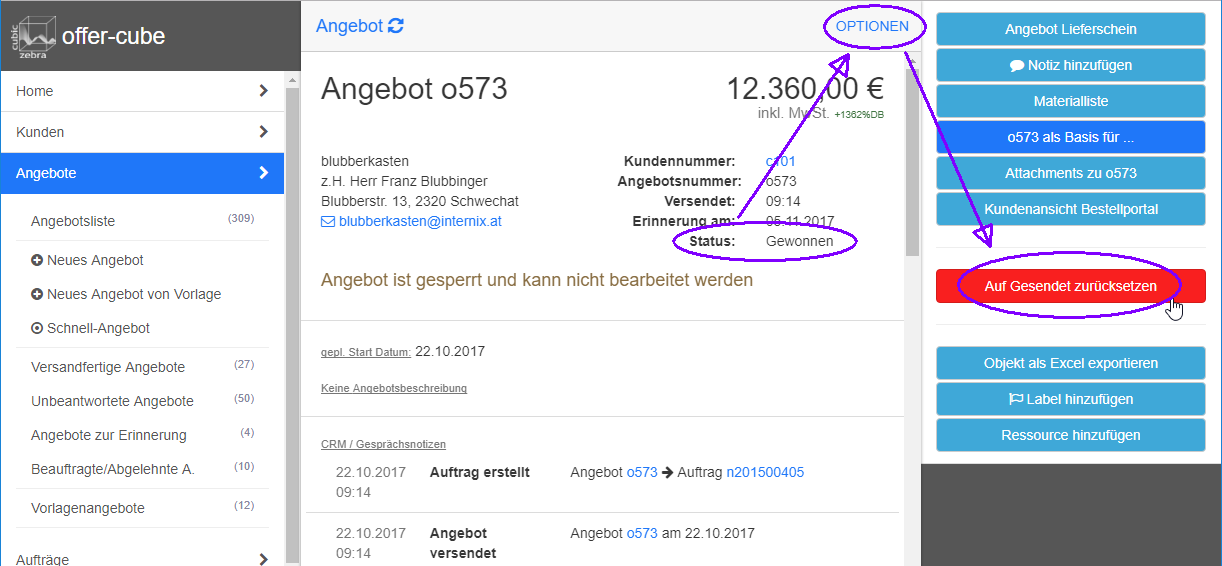 Gewonnenes Angebot wieder auf gesendet setzen Gewonnenes Angebot wieder auf gesendet setzen