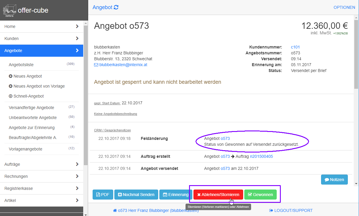 Angebot kann nun wieder auf gewonnen/verloren gesetzt werden Angebot kann nun wieder auf gewonnen/verloren gesetzt werden