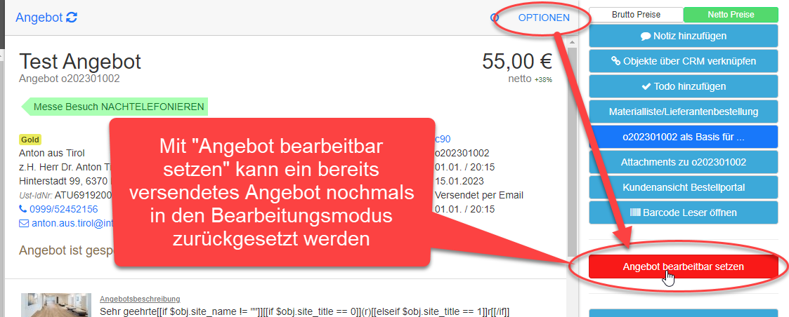 Optionen - Versendetes Angebot auf bearbeitbar zurücksetzen Optionen - Versendetes Angebot auf bearbeitbar zurücksetzen