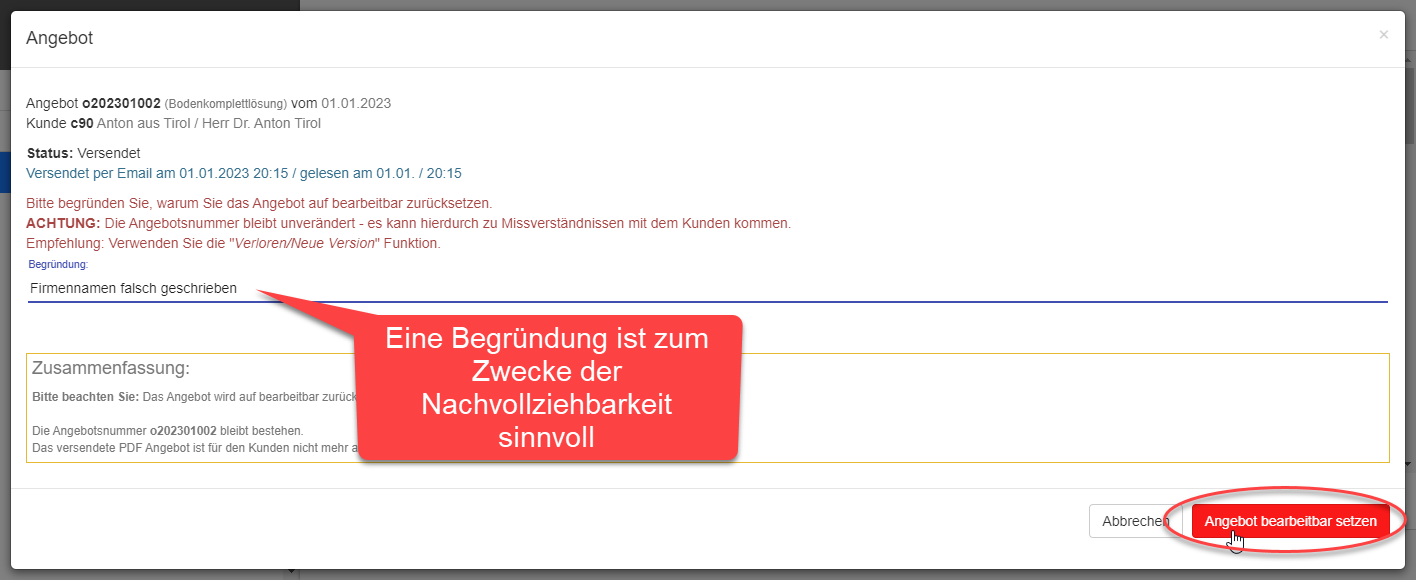 Dialogfenster Versendetes Angebot bearbeitbar setzen Dialogfenster Versendetes Angebot bearbeitbar setzen