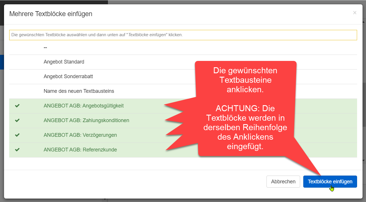Die gewünschten Textbausteine auswählen Die gewünschten Textbausteine auswählen