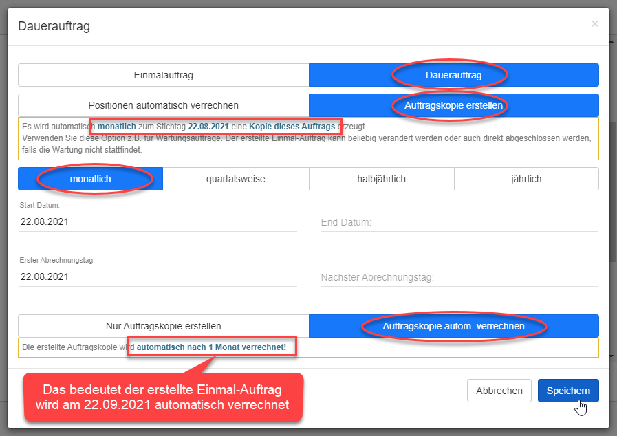 Dauerauftrag mit Auftragskopie und automatischer Verrechnung Dauerauftrag mit Auftragskopie und automatischer Verrechnung