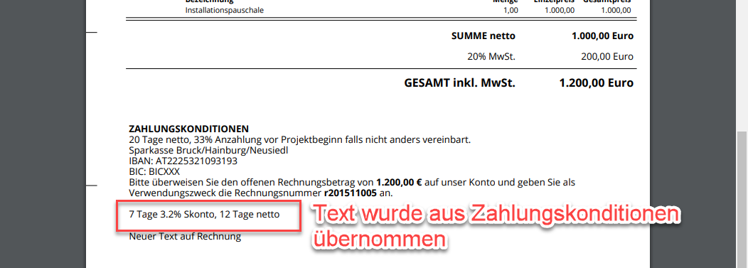 Rechnung PDF Text von Zahlungskonditionen übernommen Rechnung PDF Text von Zahlungskonditionen übernommen