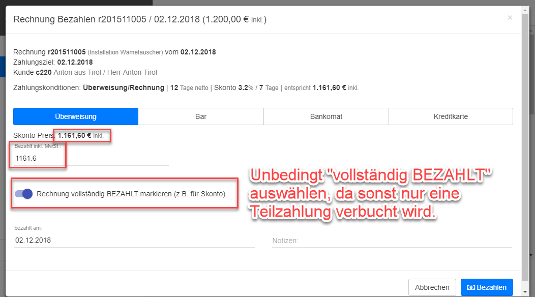 Rechnung mit Skonto auf Bezahlt setzen Rechnung mit Skonto auf Bezahlt setzen