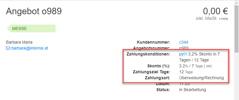 Angebot Details mit Zahlungskonditionen Angebot Details mit Zahlungskonditionen