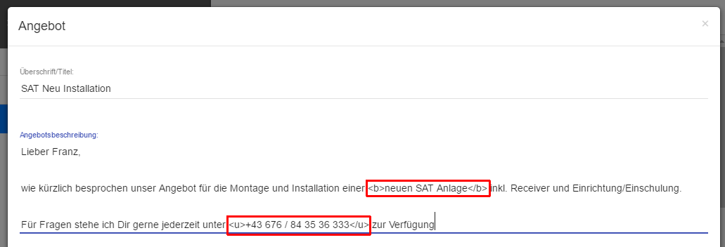 Beispiel Style fett, unterstrichen Anweisung Angebots-Beschreibung Beispiel Style fett, unterstrichen Anweisung Angebots-Beschreibung