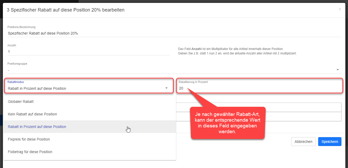 Position spezifischer Rabatt Modus einstellen Position spezifischer Rabatt Modus einstellen