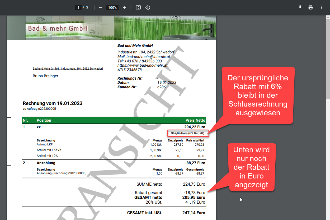 PDF Resultat mit rabattierten Positionen und Prozent in Schluss Rechnungen PDF Resultat mit rabattierten Positionen und Prozent in Schluss Rechnungen