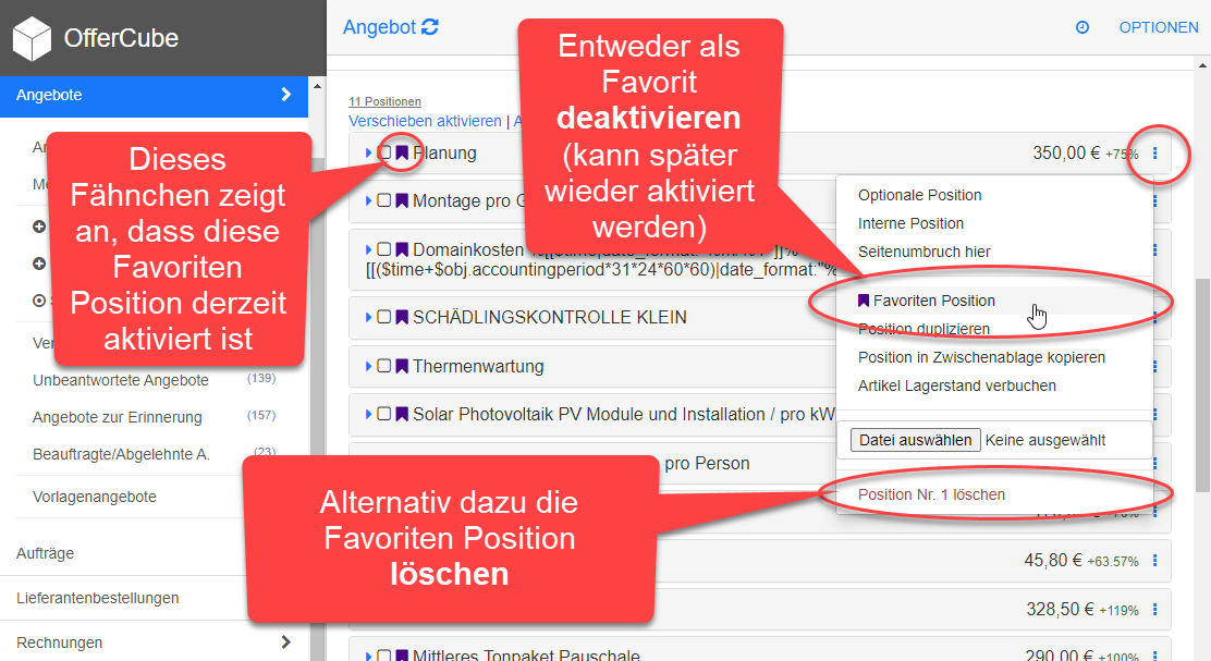 Favoriten-Position deaktivieren oder löschen Favoriten-Position deaktivieren oder löschen