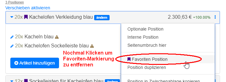 Favoriten-Markierung der Position wieder entfernen Favoriten-Markierung der Position wieder entfernen