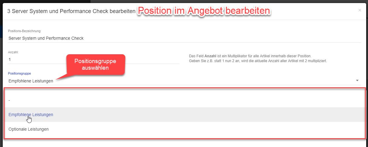 Positionsgruppe auswählen Positionsgruppe auswählen