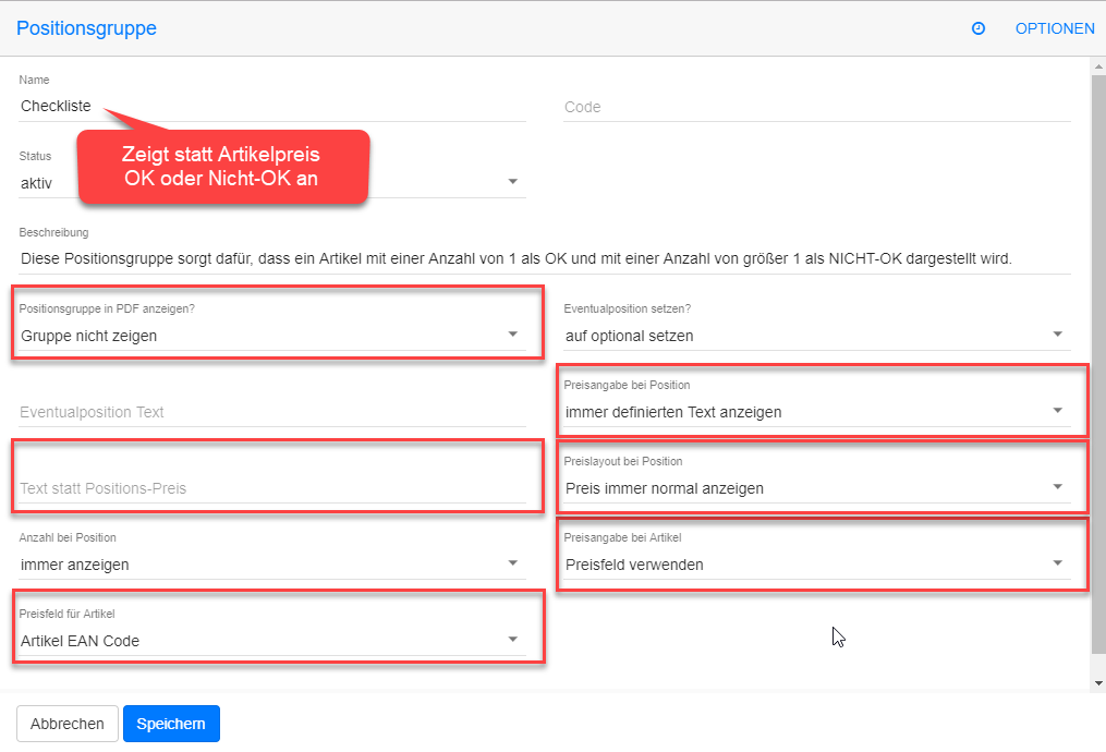 Positionsgruppe für OK/Nicht-OK Checklist mit Artikel Positionsgruppe für OK/Nicht-OK Checklist mit Artikel