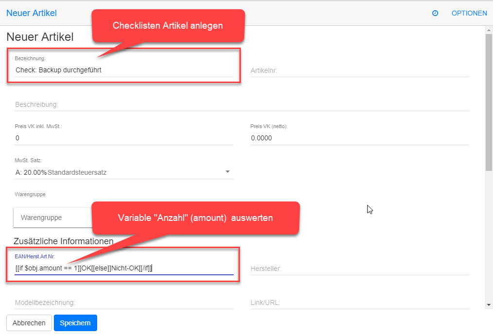 Artikel mit Variable für OK/Nicht-OK Checklist Artikel mit Variable für OK/Nicht-OK Checklist