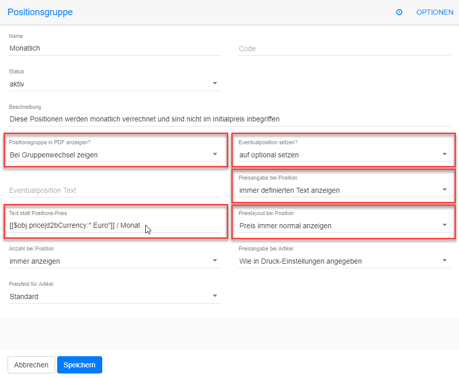 Positionsgruppe für Wiederkehrende Kosten Positionsgruppe für Wiederkehrende Kosten