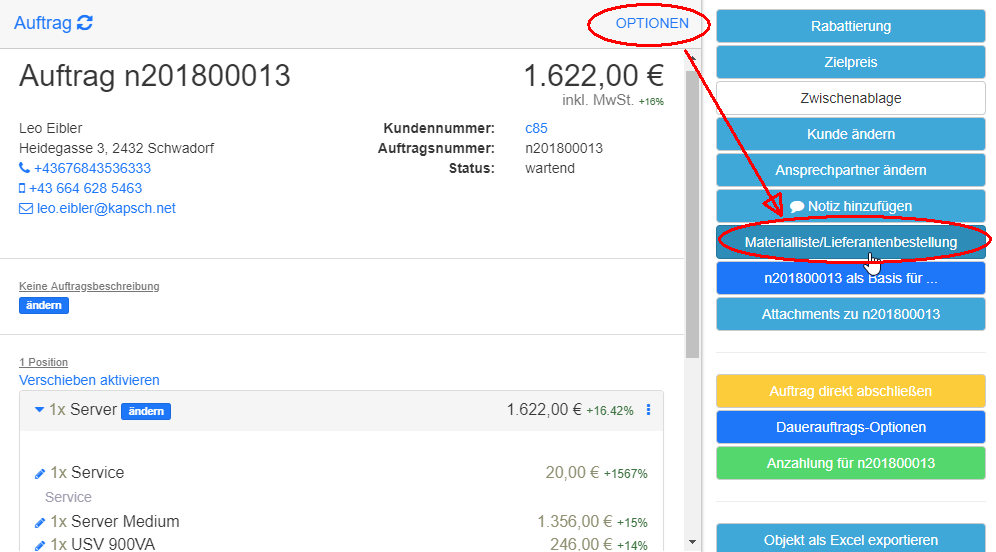 Auftragdetails Optionen Materialliste/Lieferantenbestellung Auftragdetails Optionen Materialliste/Lieferantenbestellung