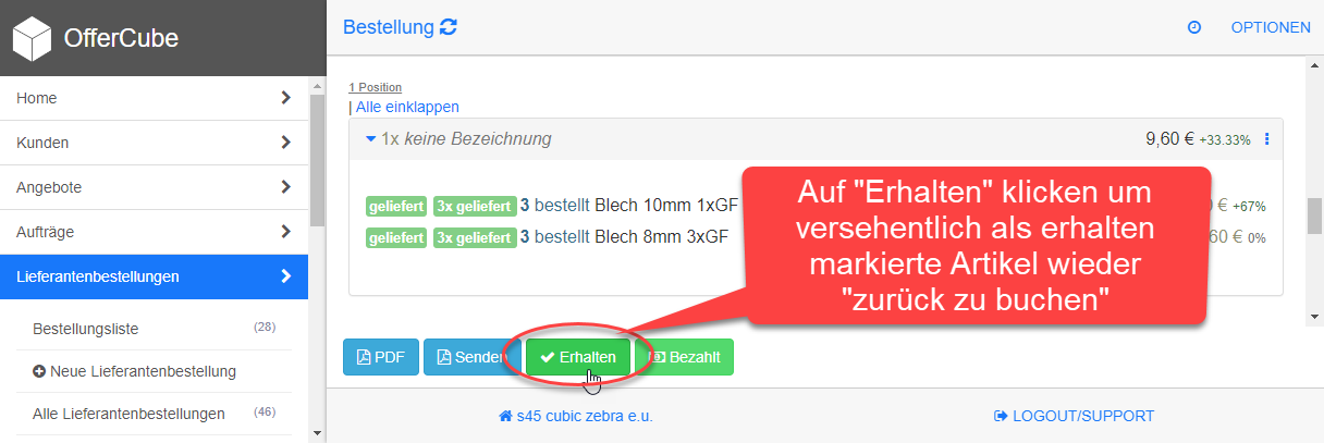 Erhalten Button zum Rückbuchen der Mengen Erhalten Button zum Rückbuchen der Mengen