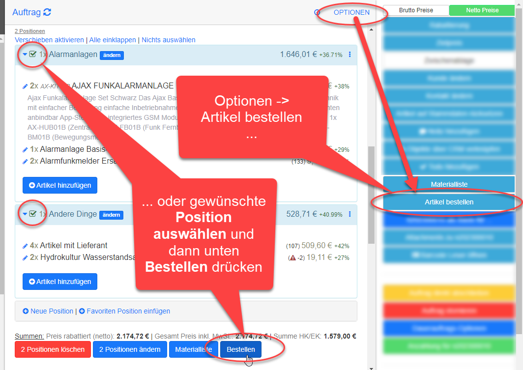 Auftragdetails Optionen Bestellen oder Positionen auswählen und bestellen Auftragdetails Optionen Bestellen oder Positionen auswählen und bestellen