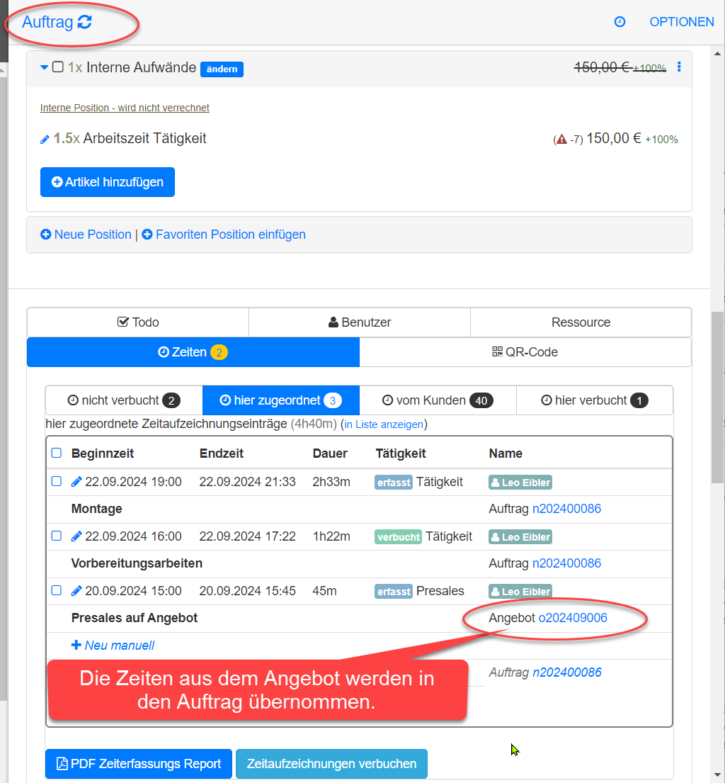 Zeiten werden aus Angebot übernommen Zeiten werden aus Angebot übernommen