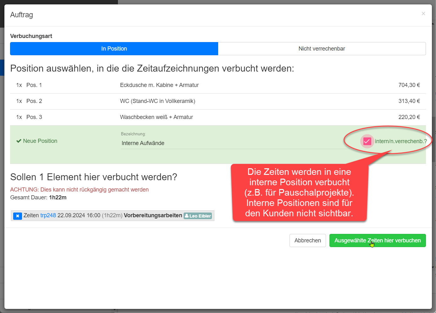 Zeiten in Objekt in Interne Position verbuchen Zeiten in Objekt in Interne Position verbuchen