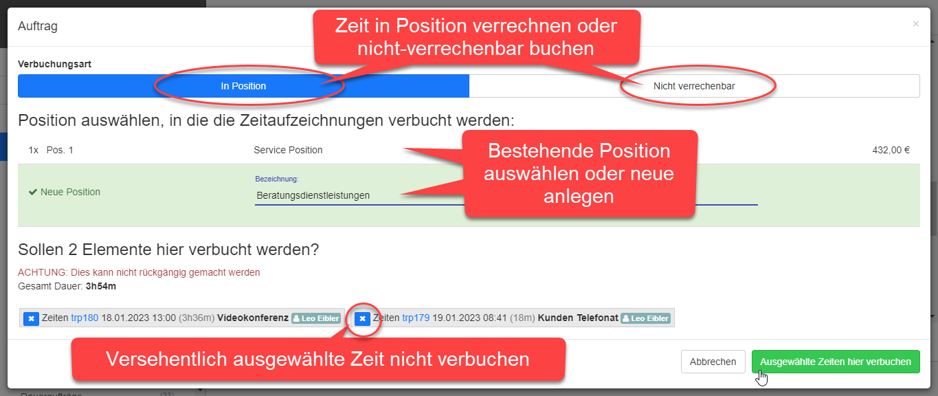 Ausgewählte Zeiten im selben Objekt verbuchen Dialog Ausgewählte Zeiten im selben Objekt verbuchen Dialog