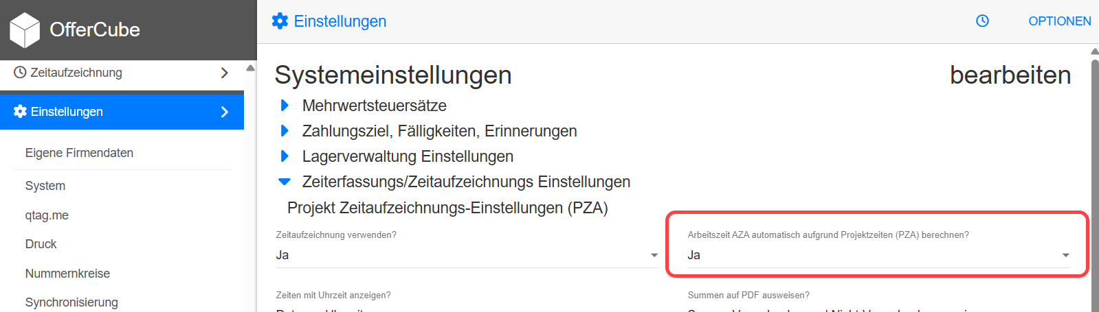 System Einstellungen - Zeiterfassung - Arbeitszeit AZA automatisch aufgrund Projektzeiten (PZA) berechnen System Einstellungen - Zeiterfassung - Arbeitszeit AZA automatisch aufgrund Projektzeiten (PZA) berechnen