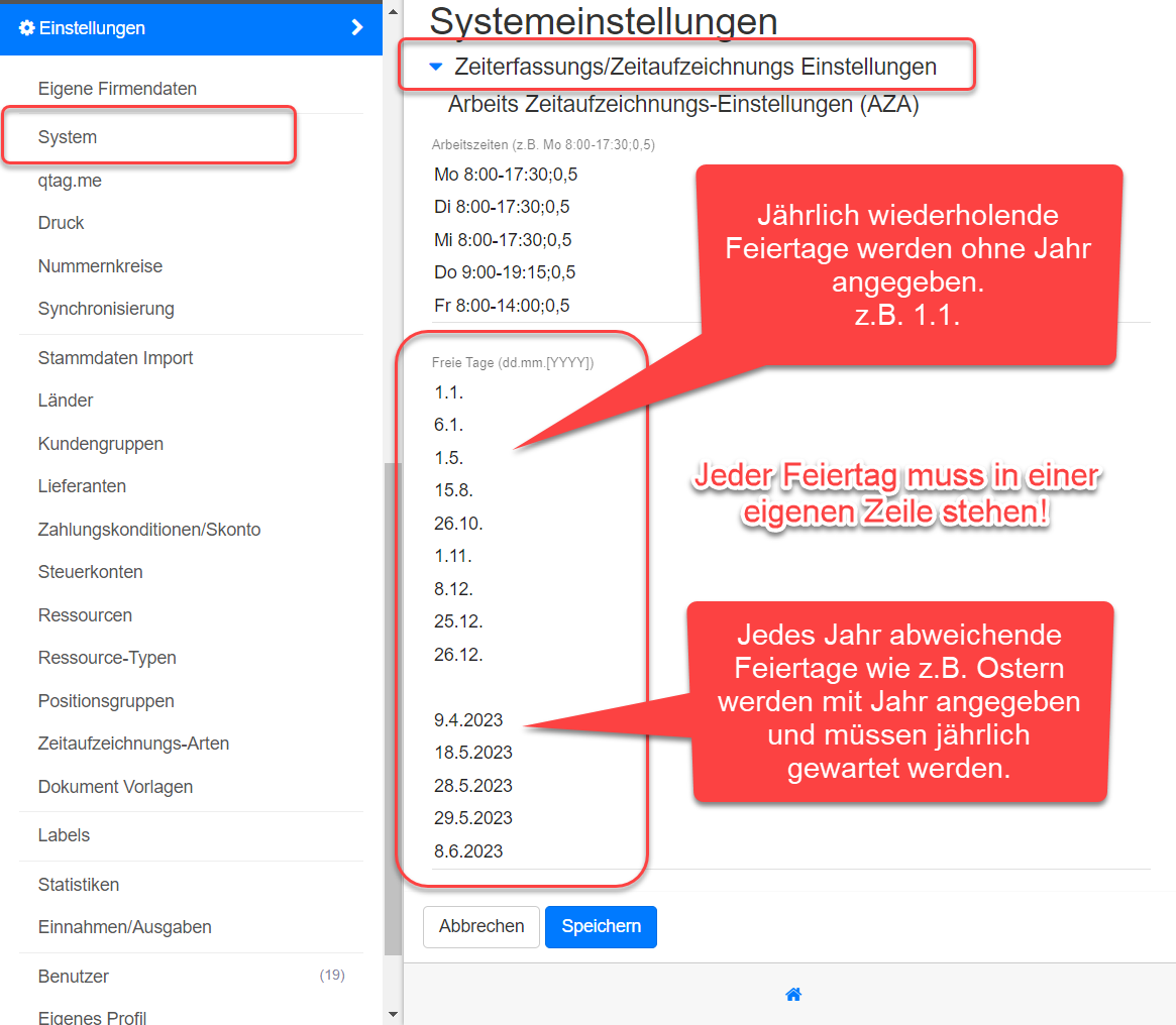 System Einstellungen - Zeiterfassung - Freie Tage System Einstellungen - Zeiterfassung - Freie Tage