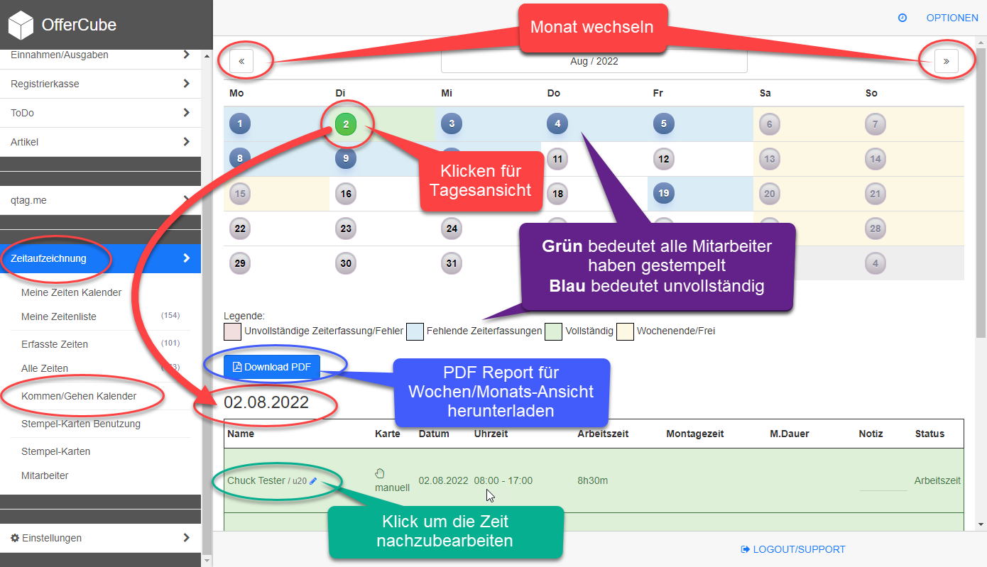 Zeitaufzeichnung - Kommen/Gehen Kalender Zeitaufzeichnung - Kommen/Gehen Kalender