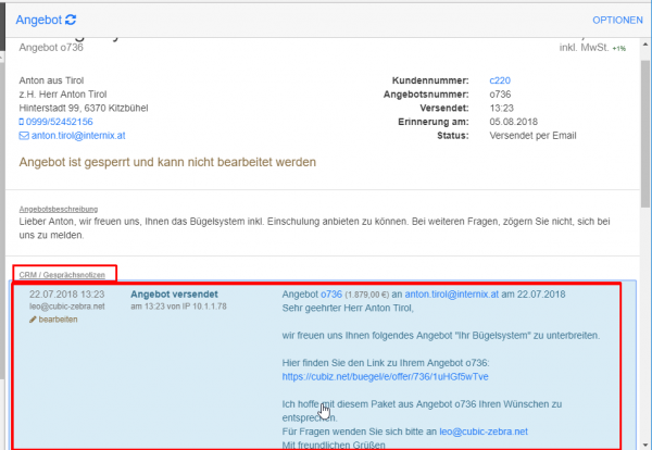 Anbebot versendet Anbebot versendet