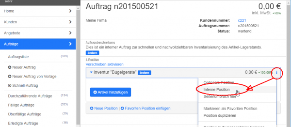 Auftrag mit interner Position anlegen) Auftrag mit interner Position anlegen)