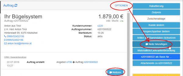 Notiz hinzufügen über Optionen Notiz hinzufügen über Optionen