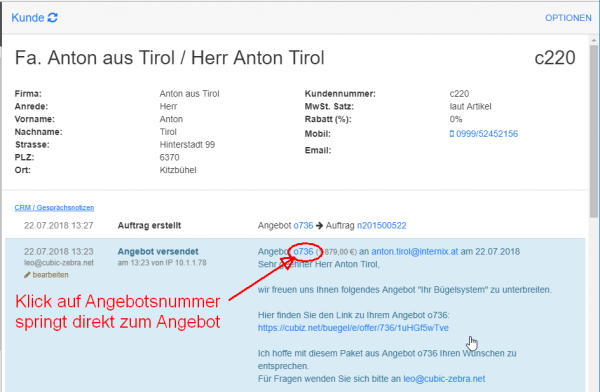 Anbebot versendet im Kundendatensatz Anbebot versendet im Kundendatensatz