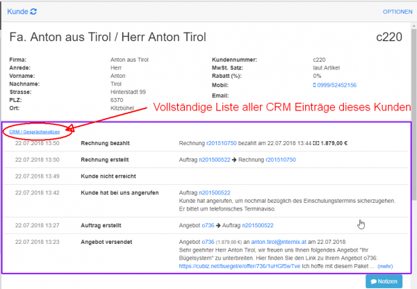 CRM Einträge Liste im Kundendatensatz CRM Einträge Liste im Kundendatensatz