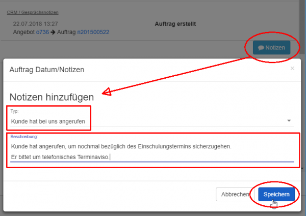 Notiz beim Auftrag hinzufügen Notiz beim Auftrag hinzufügen
